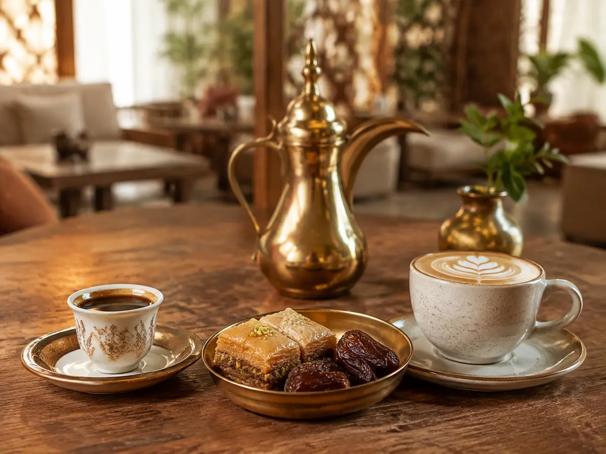 قهوة عربية وحلويات في أجواء كافيه دافئة